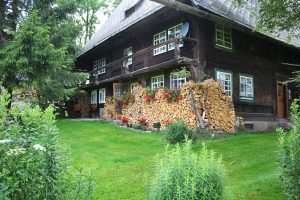 Ferienhaus Außenbereich im Sommer: Holzbiege und Blumen an der Südseite, Sträucher und saftiger Rasen im Garten davor