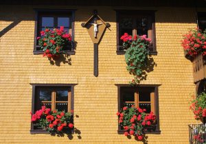 Griesbachhof: renovierte Fassade mit Blumenschmuck und Jesuskreuz